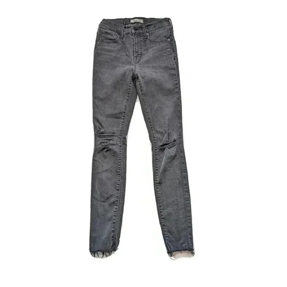 Madewell Washed Black 9" Mid Rise Skinny Jeans Size 25 Distressed Rips Raw Hems - Picture 1 of 6